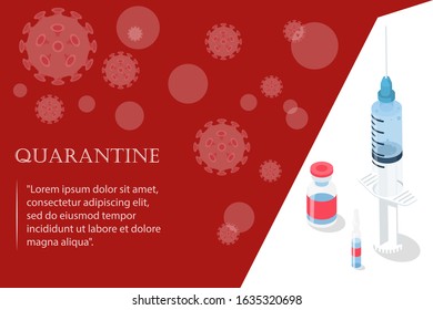 Quarantine landing page. Medical precaution concept. Vector illustration flat design. Abstract background. Epidemic from the viral flu. Syringe mask and vaccine. 2019-ncov