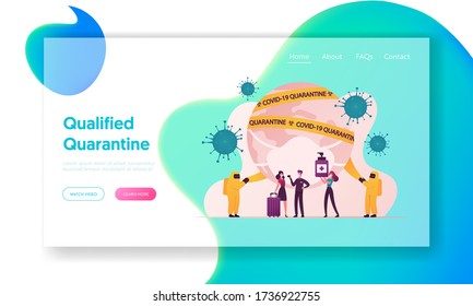 Quarantine Landing Page Template. Characters with Luggage Stand at Earth Globe Wrapped with Warning Tape at Covid19 Pandemic Lockdown. Infection Preventive Measures. Cartoon People Vector Illustration