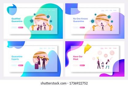 Quarantine Landing Page Template Set. Characters with Luggage at Earth Globe Wrapped with Warning Tape at Covid19 Pandemic Lockdown. Infection Preventive Measures. Cartoon People Vector Illustration