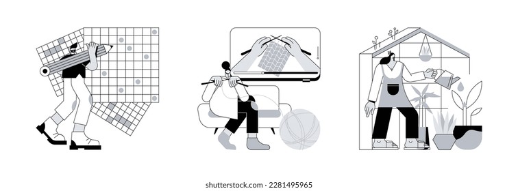 Quarantine leasure activity abstract concept vector illustration set. Do a crossword and sudoku, learn how to knit, home gardening, coronavirus pandemic stress, stay home idea abstract metaphor.