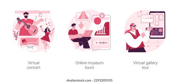 Quarantine leasure time abstract concept vector illustration set. Virtual concert, online museum tours, virtual gallery exhibition tour, art therapy, social distance, stay home abstract metaphor.