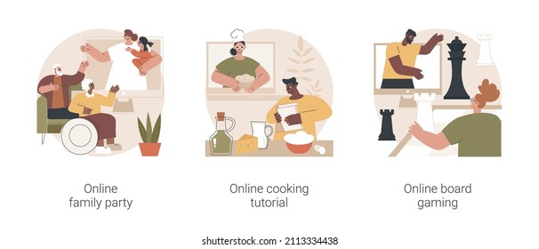 Quarantine Leisure Time Abstract Concept Vector Illustration Set. Online Family Party, Cooking Tutorial, Board Gaming, Web Video Call, Food Blogger, Social Media, Home Entertainment Abstract Metaphor.