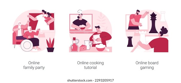 Quarantine leisure time abstract concept vector illustration set. Online family party, cooking tutorial, board gaming, web video call, food blogger, social media, home entertainment abstract metaphor.