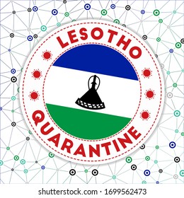 Quarantine in Lesotho sign. Round badge with flag of Lesotho. Country lockdown emblem with title and virus signs. Vector illustration.