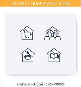 Quarantine line icons set.Lockdown in city. Closed shool, cafe, shopping center. Covid19 virus spread prevention. Global pandemic fight concept. Isolated vector illustrations.Editable stroke 