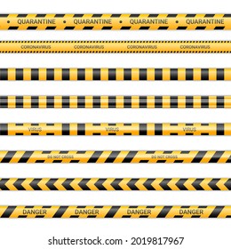 Quarantine lines and caronavirus ribbons. Virus tapes in yellow and black color. Warning signs collection isolated on white background. Vector illustration