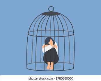 quarantine lock down, depression and despair, young female character sitting inside a birdcage, sexism