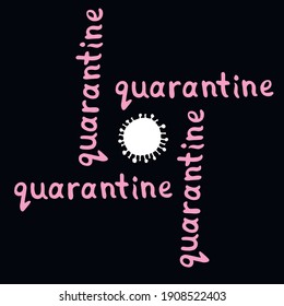 Quarantine logo - inscription and icon of molecule, virus cell. The topic of self-isolation, self-defense, protection and time of spread of coronavirus
