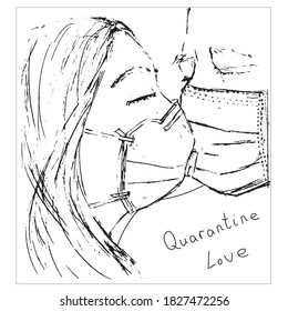 Quarantine Love illustration. Man and woman kissing in face masks Covid sketch