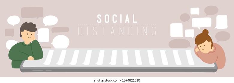 Quarantine Man and woman with chat smartphone keep distance to protection covid-19 outbreak, Social distancing stay at home concept poster or social banner illustration on background with copy space
