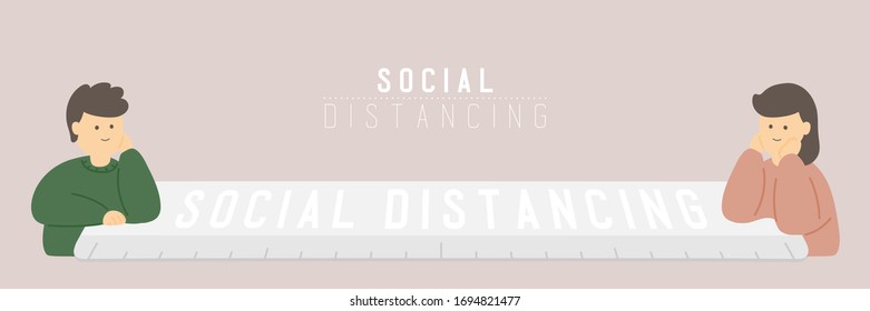 Quarantine Man and woman with ruler keep distance to protection covid-19 outbreak, Social distancing stay at home concept poster or social banner illustration on background with copy space, vector