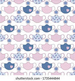 
Quarantine mask seamless pattern.  Face masks with a variety of prints and coronavirus bacteria on a white background. Pandemic vector design.