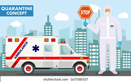 Quarantine and medical concept. Detailed illustration of emergency doctor in protective suit and mask near ambulance car on background with cityscape. Vector illustration.