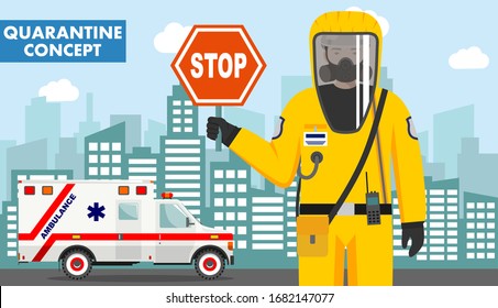 Quarantine and medical concept. Detailed illustration of emergency doctor in protective suit and mask on background with ambulance car and cityscape. Virus, infection, epidemic. Vector illustration.