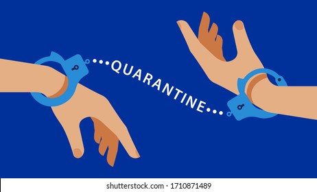 Quarantine. Metaphor: Hands are connected by the inscription Quarantine as handcuffs. The concept of people who are forced to be together in one space. Relations between people during a pandemic.