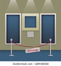 Quarantine museum vector concept. Museum Gallery Quarantine label. Flat illustration in trendy colors 2020. Museum interior with paintings in frames. Art museum of modern painting.Picture art gallery.