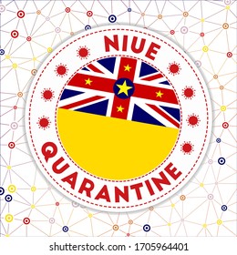 Cuarentena en el cartel de Niue. Bandera redonda con bandera de Niue. Símbolo de bloqueo del país con signos de título y virus. Ilustración vectorial.