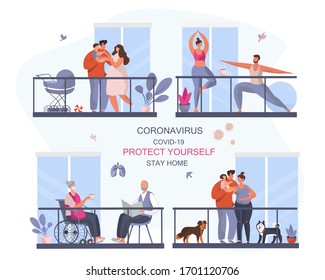 Quarantine on Balcony.Stay Home.Protect Yourself.Girl keeping Distance for Decrease Infection Risk For Prevent Virus Covid-19.Stay Home on Quarantine During Coronavirus Epidemic.Vector Illustration