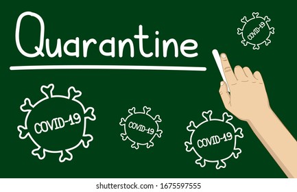 quarantine on blackboard, covid 19, corona virus, hand holding chalk 