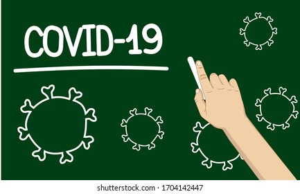 quarantine on blackboard, covid 19, corona virus, hand holding chalk 