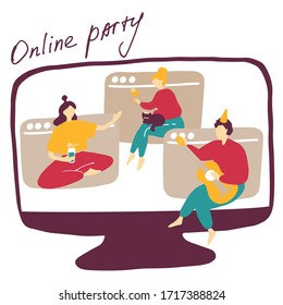 Quarantine online friends party. Girls and guy talk, drink cocktails and play guitar remotely from each other. Birthday party in internet, video conference. Vector hand drawn flat illustration