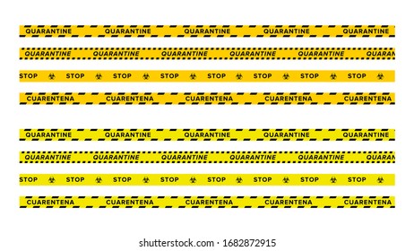 Quarantine outbreak alert tape set, Novel Coronavirus COVID-19 disease outbreak control. Restriction, warning and caution ribbon. Isolated vector design for print and web