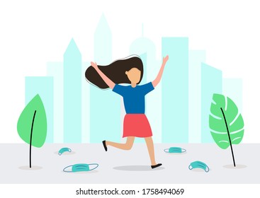 Quarantine over concept. Victory over coronavirus pandemic. Lockdown ending. Happy girl runs to the city with used masks around. Vector stock cartoon illustration epidemic end