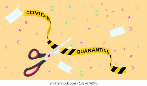 Quarantine is over, coronavirus is finish. Lockdown end inscription, Coronavirus Quarantine End, Pandemic Over isometric concept