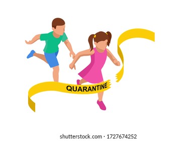 Quarantine is over, coronavirus is finish. Lockdown end inscription, Coronavirus Quarantine End, Pandemic Over isometric concept