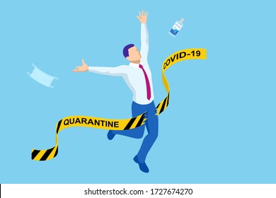 Quarantine is over, coronavirus is finish. Lockdown end inscription, Coronavirus Quarantine End, Pandemic Over isometric concept