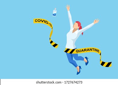 Quarantine is over, coronavirus is finish. Lockdown end inscription, Coronavirus Quarantine End, Pandemic Over isometric concept