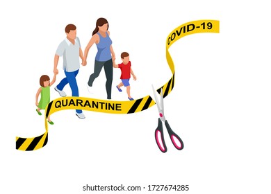 Quarantine is over, coronavirus is finish. Lockdown end inscription, Coronavirus Quarantine End, Pandemic Over isometric concept