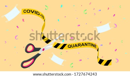Quarantine is over, coronavirus is finish. Lockdown end inscription, Coronavirus Quarantine End, Pandemic Over isometric concept