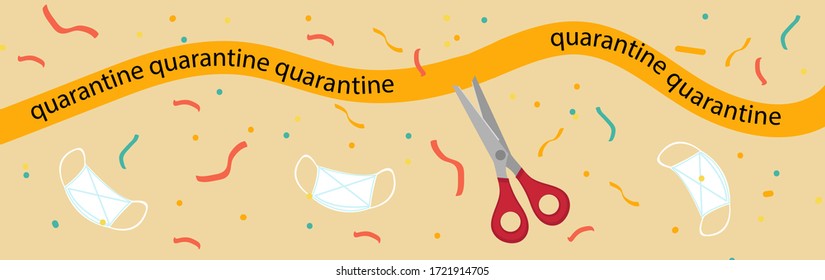Quarantine is over. pandevic end. end the lockdown. coronavirus is finish. Scissors cut the tape with the inscription quarantine, confetti and a protective mask. Vector illustration