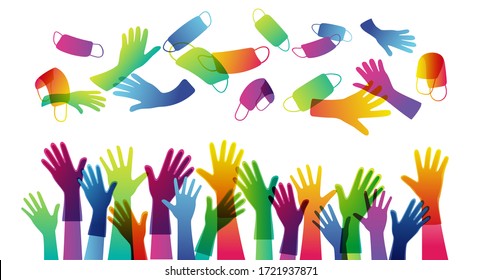Quarantine is over. pandevic end. end the lockdown. coronavirus is finish. multicolor Hands up. group of people cheers with their hands raised in protective gloves throw up protective masks and gloves