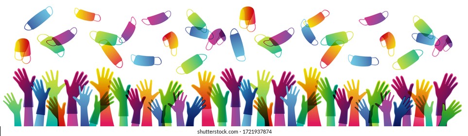 Quarantine is over. pandevic end. end the lockdown. coronavirus is finish. multicolor Hands up. group of people cheers with their hands raised in protective gloves throw up protective masks and gloves
