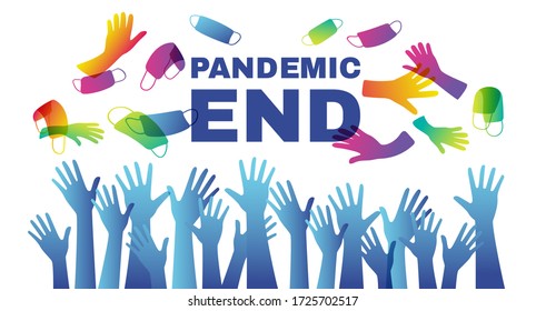 Quarantine is over. pandevic end. end the lockdown. coronavirus is finish. Hands up. multi-national group of people cheers with their hands raised in protective gloves throw up protective masks.