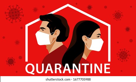 The Quarantine. People stay home: isolation, protection, prevention, fight. Coronavirus in the World. Novel coronavirus (2019-nCoV). Couple in white medical face mask. 