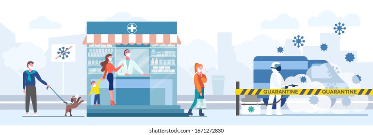 Quarantine. People Wear White Medical Masks. Precaution Against Coronavirus. Woman And Child, Man With Dog Walking In The Streets Near Quarantine Zone, Drugstore Or Pharmacy Store. Vector Illustration