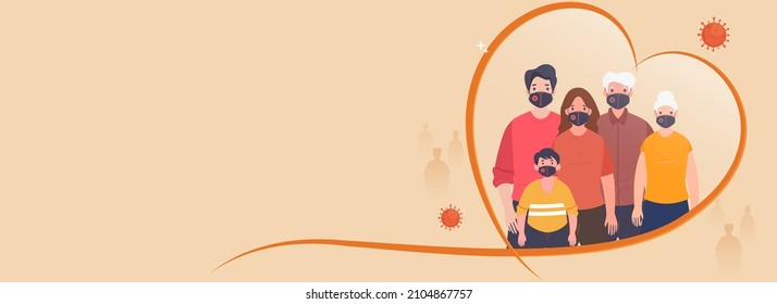 Quarantine People Wearing Protective Mask Inside Heart Shape On Peach Background And Copy Space. Header Or Banner Design.