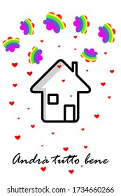 Quarantine period card. Illustration of Hope rainbow colored clouds, black line contour house, hearts shapes, icon flat style design. Text in italian. Vector. White background