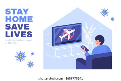 Quarantine promo poster in simple flat style, inspired by the concept of staying home and avoiding international travel during COVID-19 global outbreak