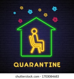 Quarantine, Protect Yourself from Virus Neon Light Glowing Vector Illustration