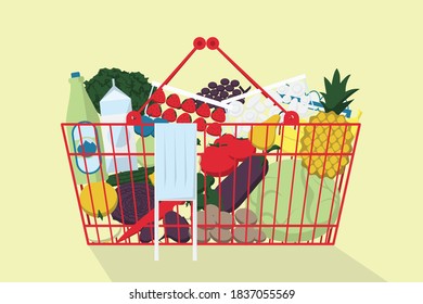Quarantine Purchases. Shopping Basket Full Of Food. Shop During the Virus. Vector Illustration