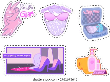 Quarantine queen sticker pack with cut line, isolated vector. Face mask with glitter and cleaning gloves, mopping floor in high heels, golden toilet paper and pink sanitizer.  Stay at home symbols.