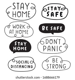 Quarantine recommendations: stay home, work at home, social distancing, don't panic, stay safe. Set of hand drawn badges. Vector lettering illustration on white background.