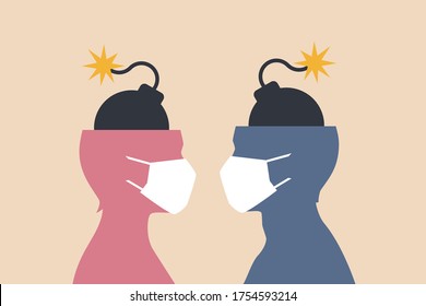 Quarantine relationship problems concept. Angry couple wearing protective face masks standing face to face. Flat vector illustration.