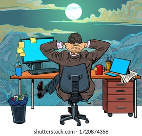 quarantine remote work at home. dream of vacation and travel. Pop art retro vector illustration vintage kitsch 50s 60s style
