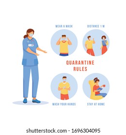 Quarantine rules flat concept icons set. Wear mask. Wash hands. Keep social distance. Stay home. Medical precaution measures stickers, cliparts pack. Isolated complex cartoon illustrations