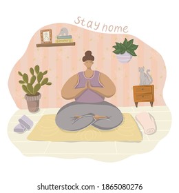 Quarantine or self-isolation. The girl is engaged in yoga at home. Sits on the rug in the lotus position, the cat sleeps on the nightstand. Stay home banner template